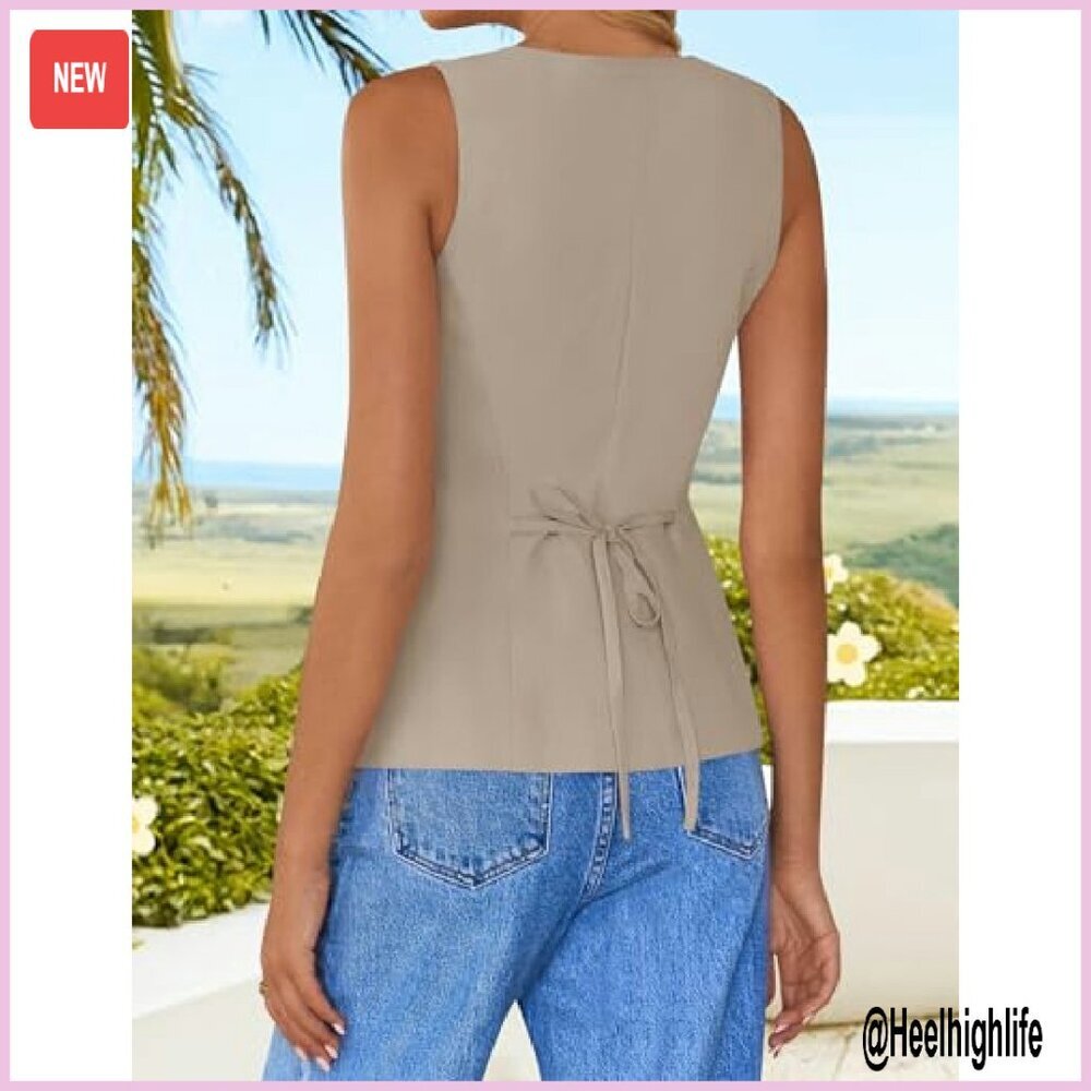 Sleeveless Suit Vest Square Neck Button Down Blazer Waistcoat Women's Work - Picture 4 of 8
